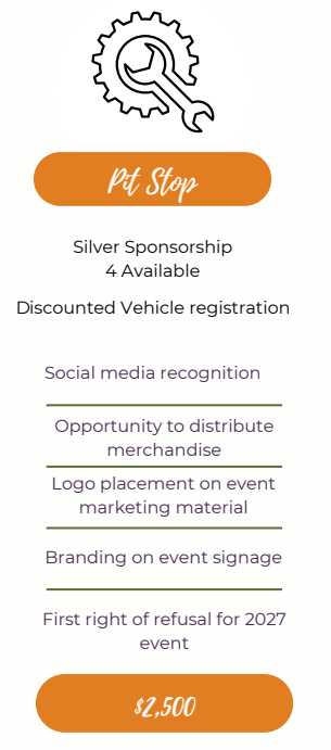 Orange “Platinum” sponsorship flyer with gear logo and a list of benefits, including discounted vehicle registration.