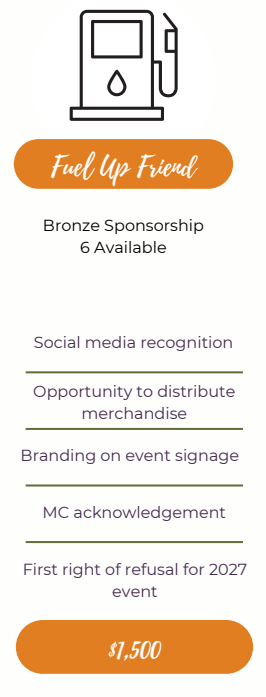 Bronze sponsorship card with orange header, listing event benefits and $1,500 price