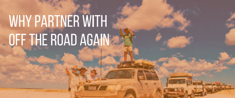 Off-road vehicles with rooftop gear in a desert under a sky reading “Why partner with off the road again”