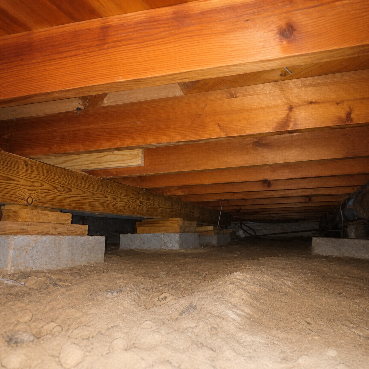 Crawlspace under wooden floor joists with insulation blocks and dirt floor