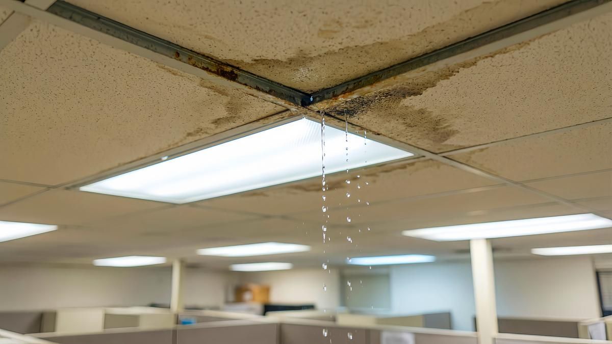 Office cubicle ceiling with fluorescent lights and beige acoustic tiles.