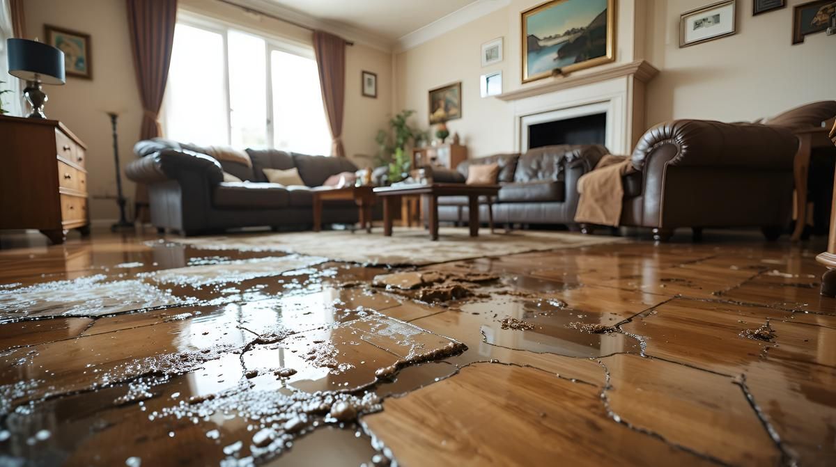 Living room with a flooded hardwood floor, reflecting sunlight from windows and a couch in the background