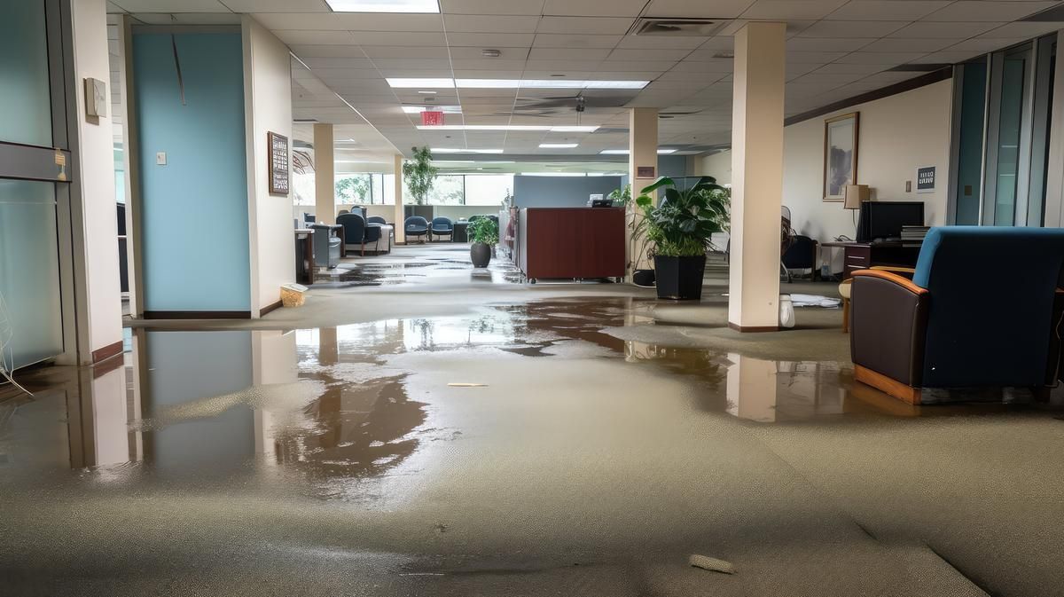 Flooded indoor hallway with standing water reflecting lights and furniture.