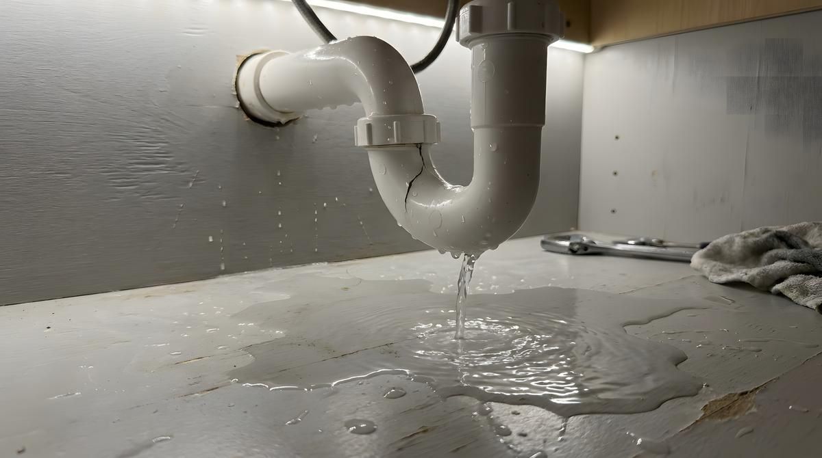 Under-sink plumbing with water leaking onto the countertop and pooling below