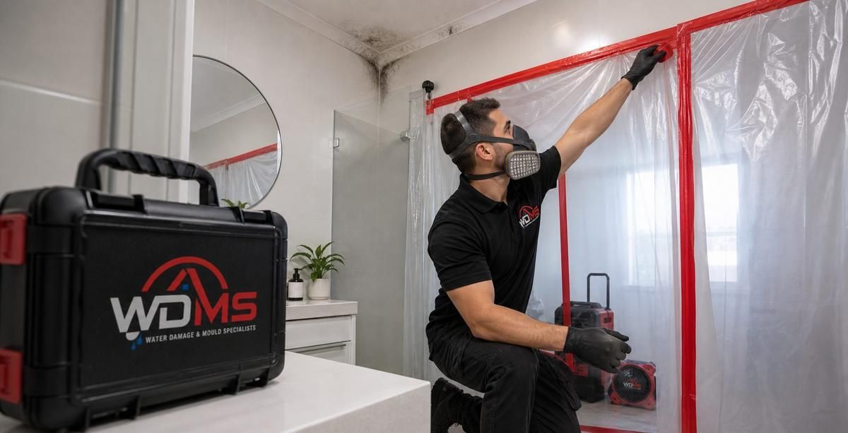 Man with drill and mask installing red trim along a plastic-covered wall in a room