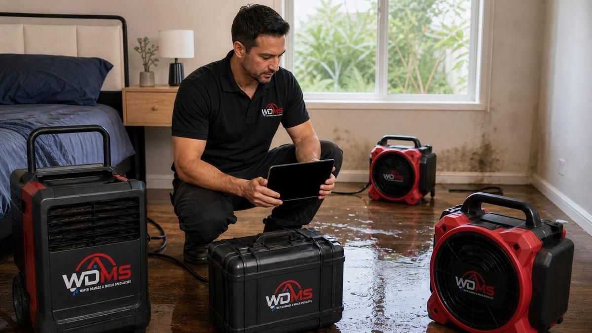 Man kneeling in flooded room, inspecting a tablet beside portable WD water-damaged storage cases
