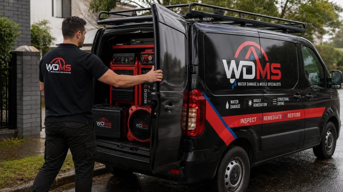 Technician loading equipment into a black-and-red WOMS van on a wet driveway
