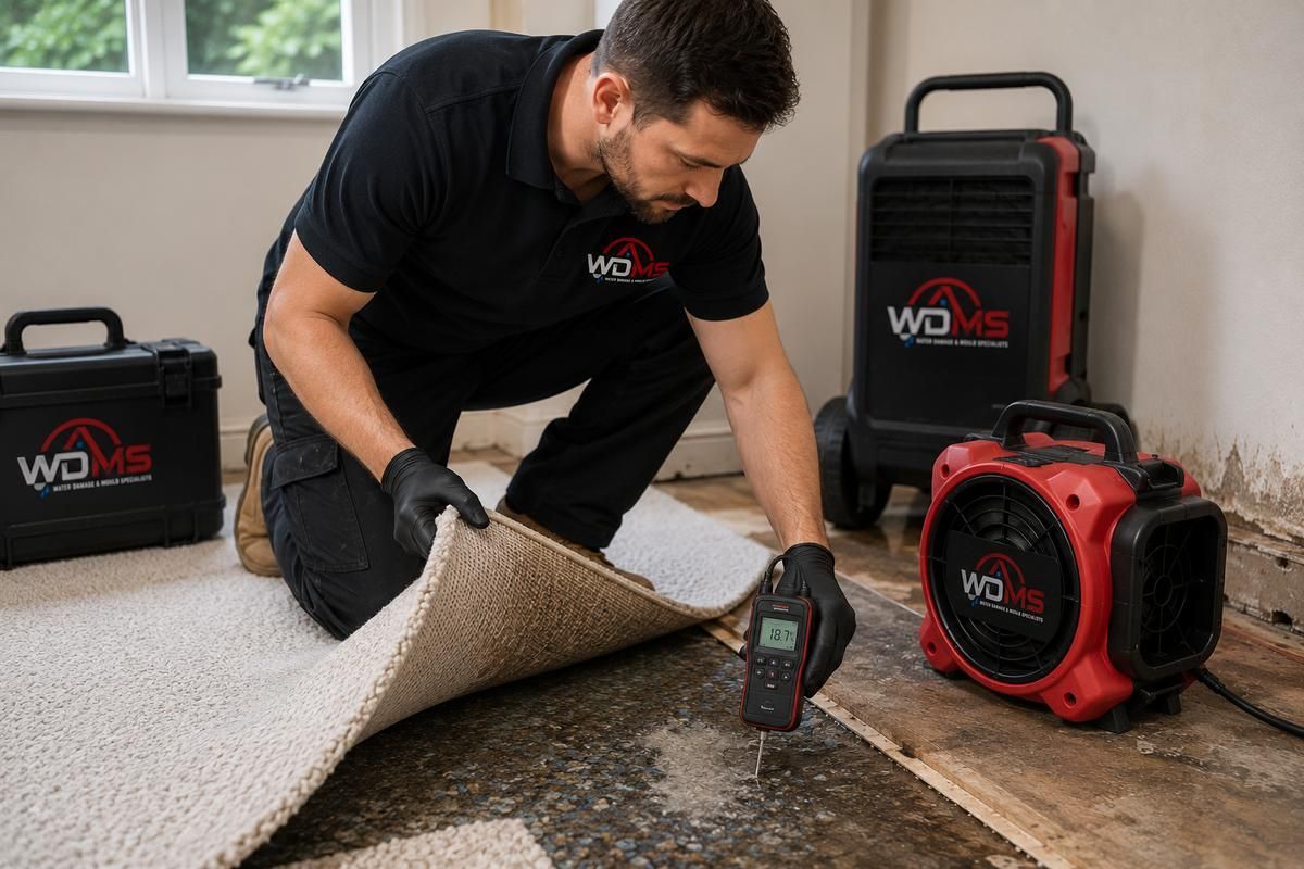 Man kneeling on carpet, peeling it back with a tool beside red vacuum equipment.