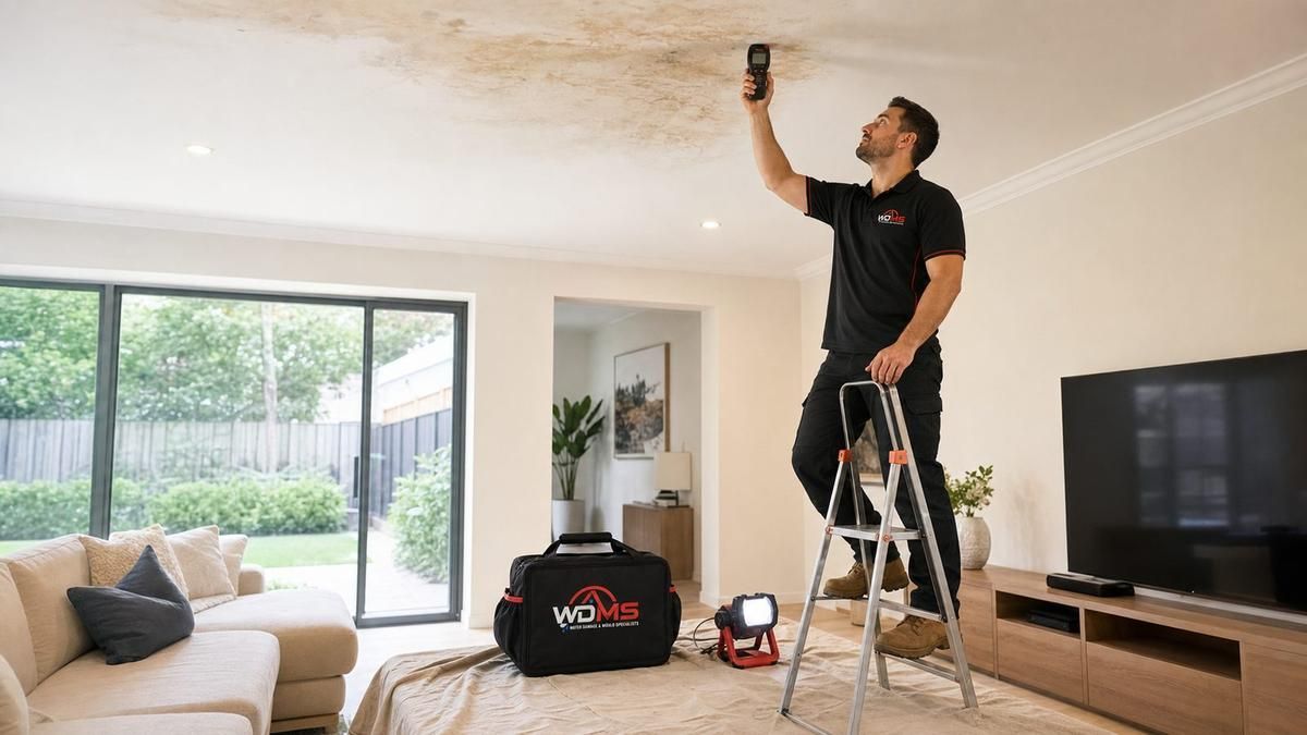 Man on a ladder installing a ceiling fixture in a bright living room with a sofa and TV.