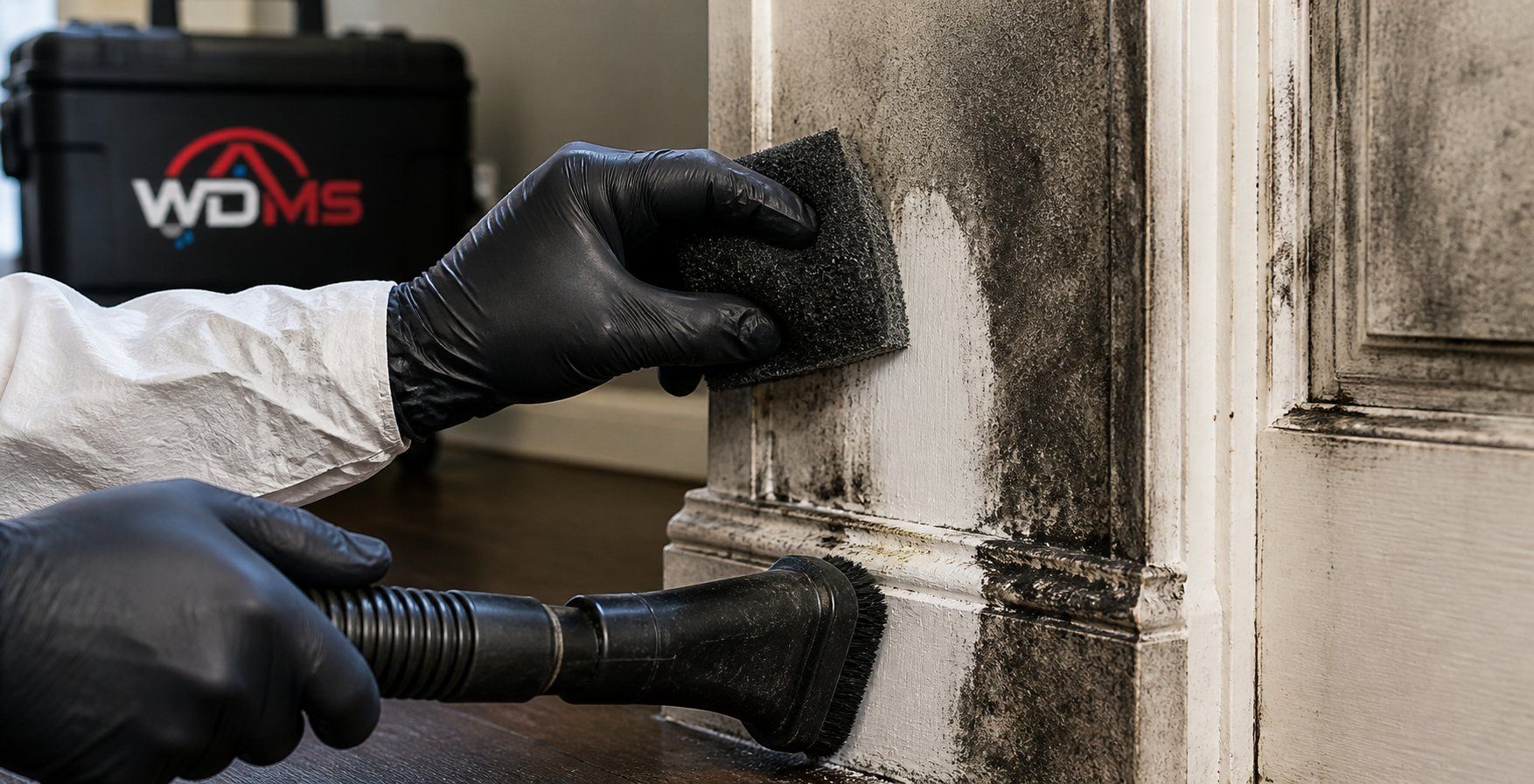 Gloved worker scrubs grime from a beige wall corner with a power tool or brush