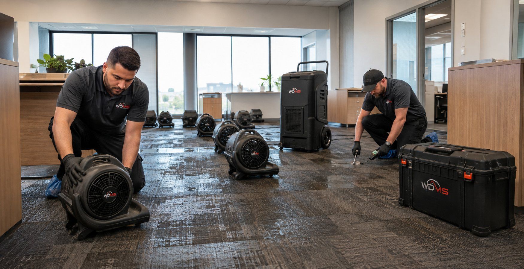 Two workers in a flooded office floor moving debris and cleaning around large machine parts.