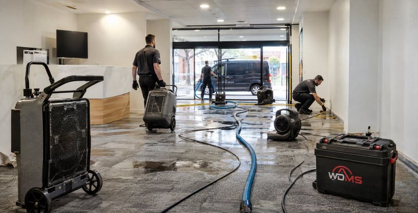 Workers cleaning a flooded lobby with wet vacuums and hoses after water damage