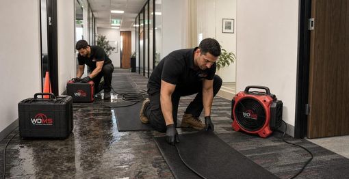 Two workers cleaning a hallway carpet with black and red carpet-cleaning machines.