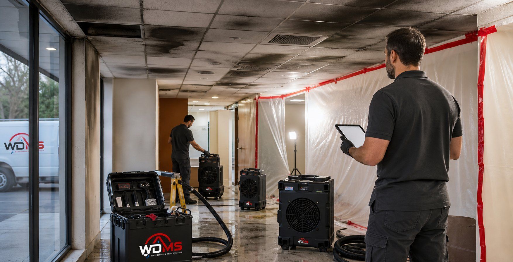 Technician using a tablet during indoor mold remediation, with fans and red plastic sheeting in a damaged room