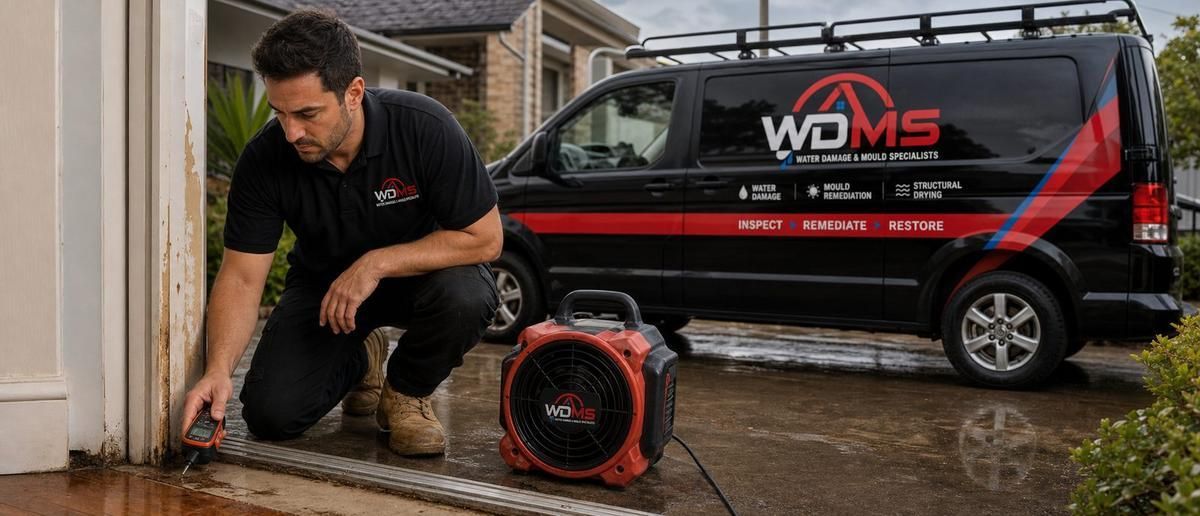 Technician kneels beside a red industrial fan in a flooded room, with a WDMS service van parked behind.