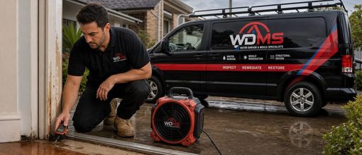 Technician kneels beside a red industrial fan in a flooded room, with a WDMS service van parked behind.