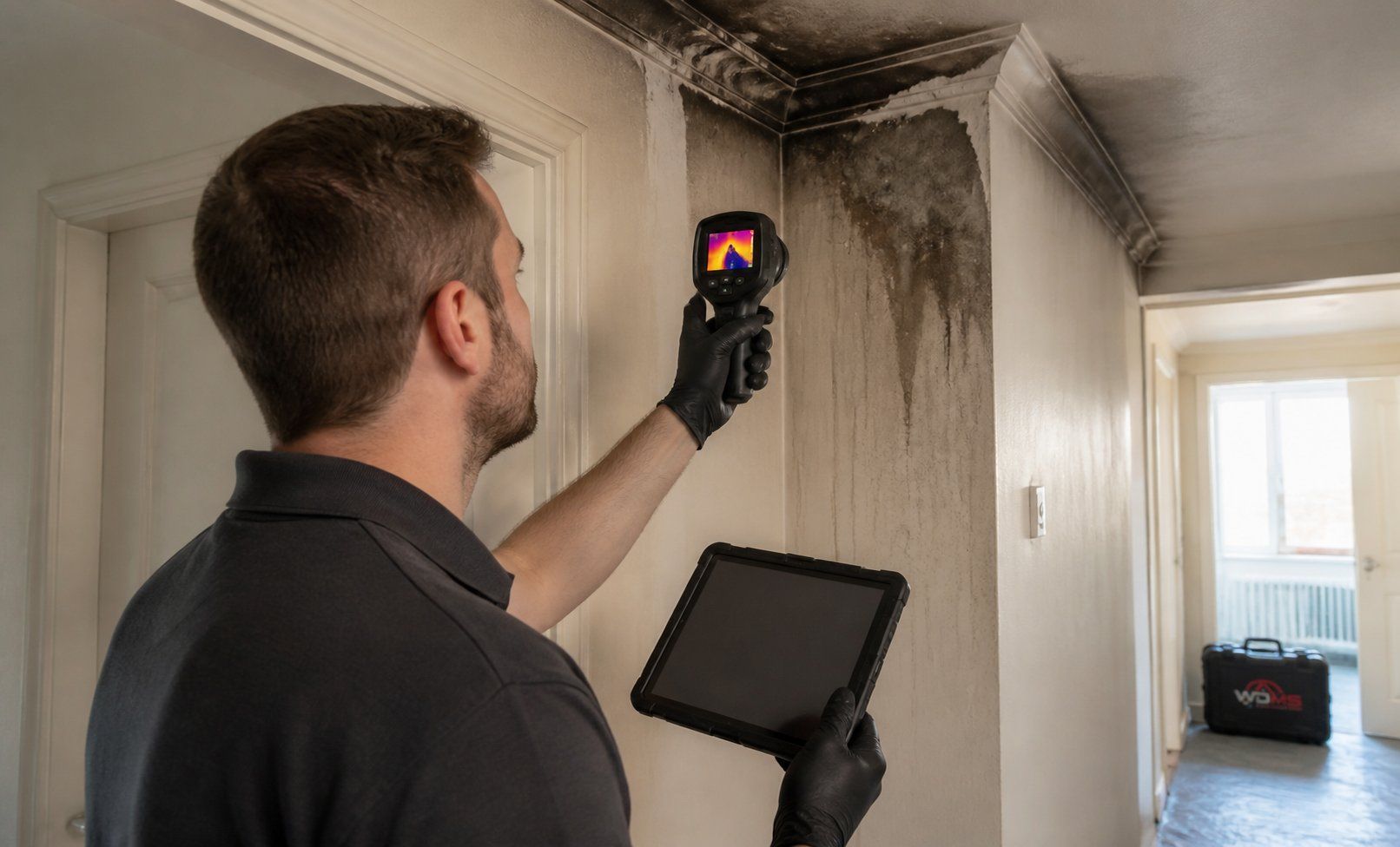 Inspector using a thermal camera to check mold or water damage on a ceiling corner indoors