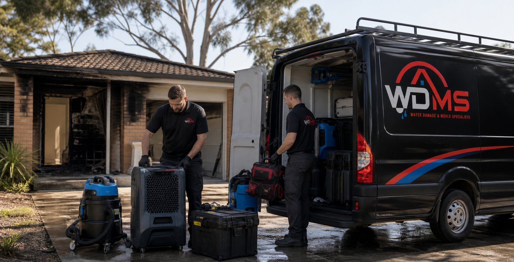 Two workers unloading equipment beside a WDMS van in a suburban driveway.