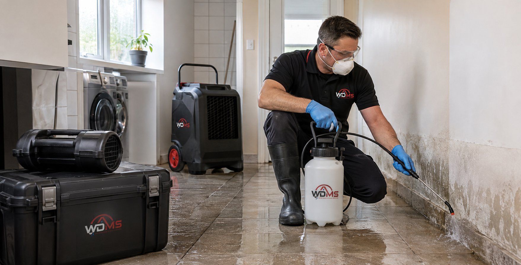 Worker wearing gloves and a mask disinfects a hallway floor with a sprayer and bucket.