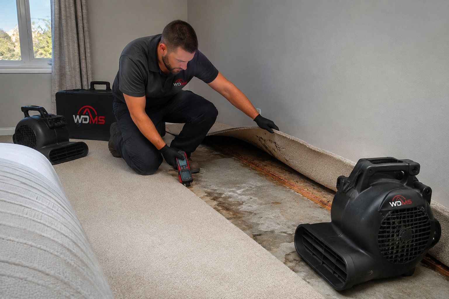 Man kneels beside a carpet drying fan, peeling back carpet to inspect wet flooring in a room