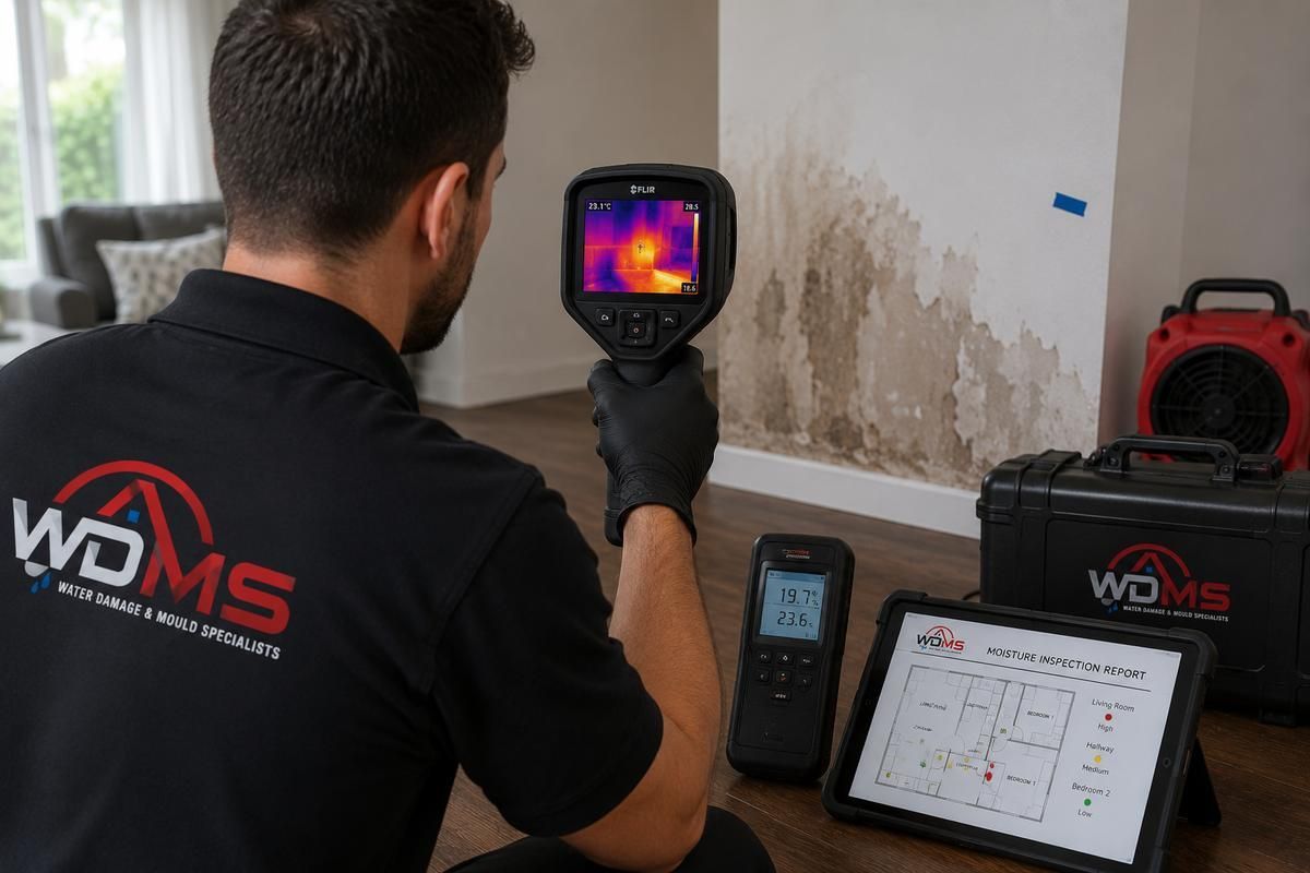 Technician using a thermal camera and tablet to inspect a damp wall in a room
