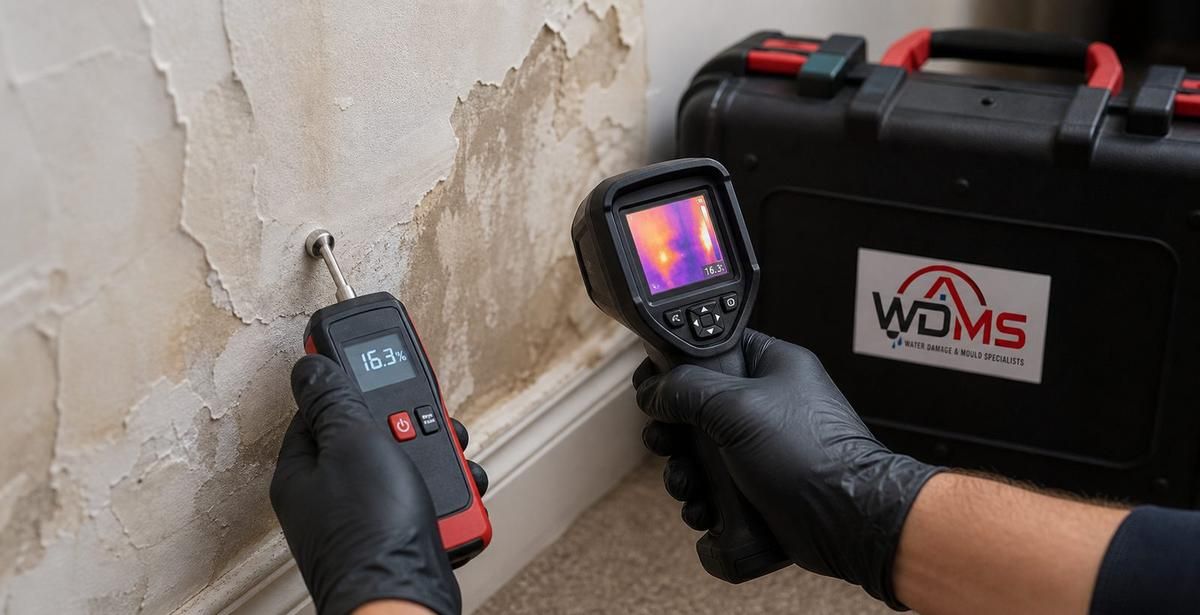 Gloved hands inspect a damp wall with a thermal camera and moisture meter beside a case
