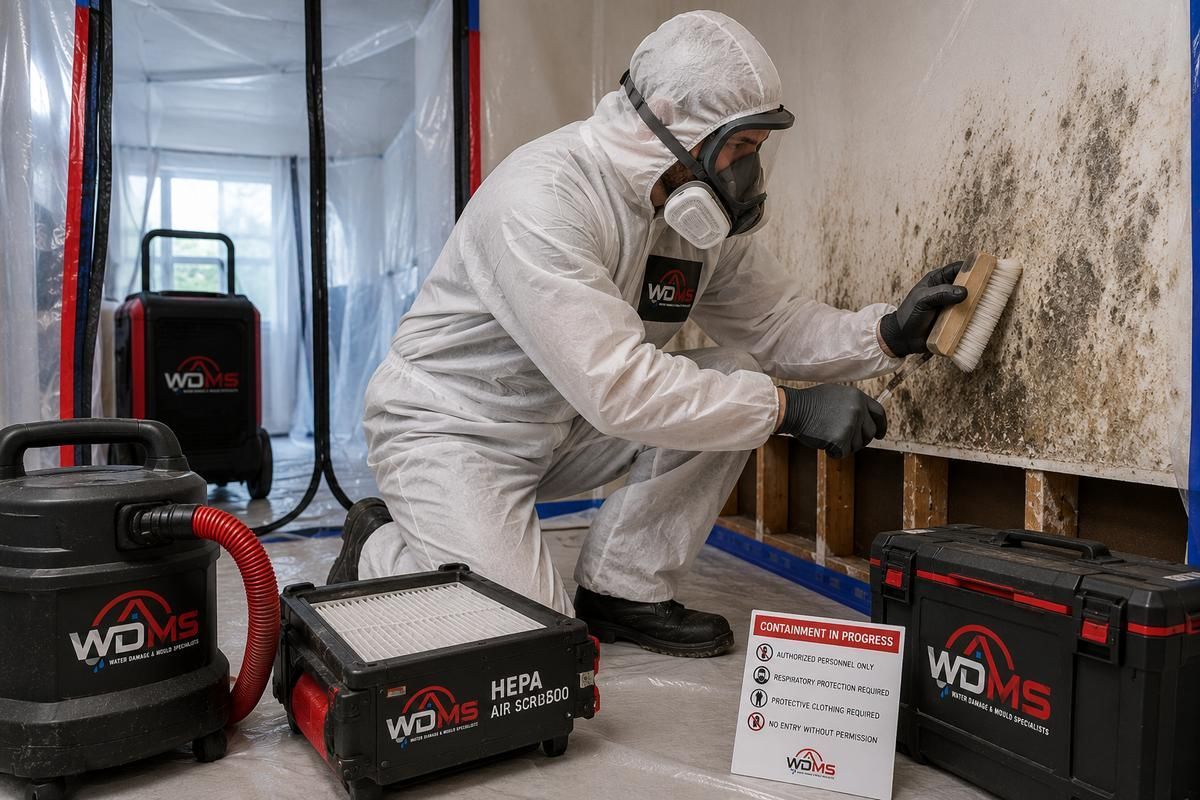 Worker in white hazmat suit scrubbing mold from a wall during indoor remediation, with cleanup equipment nearby