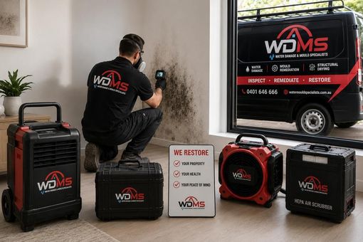 Technician kneels beside WOMS-branded equipment and cases in a room, with a service van in the background