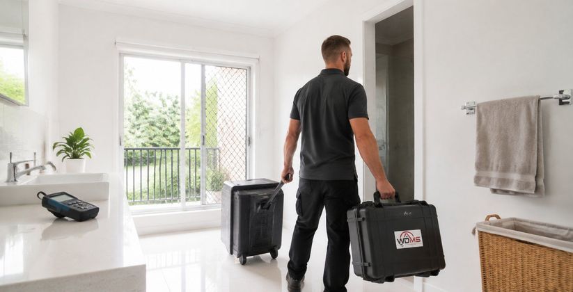 A person carrying luggage in a bright apartment near a window and open doorway