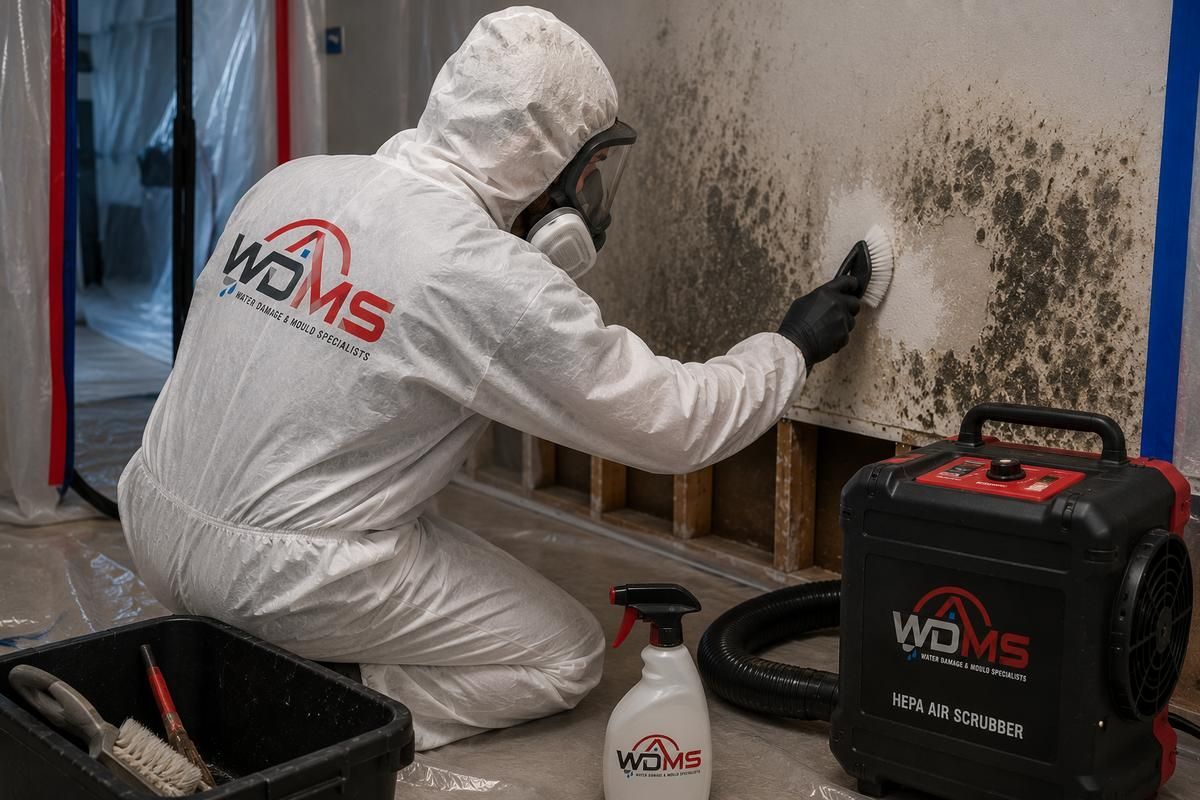 Worker in white protective suit removing mold from a wall with cleaning equipment.