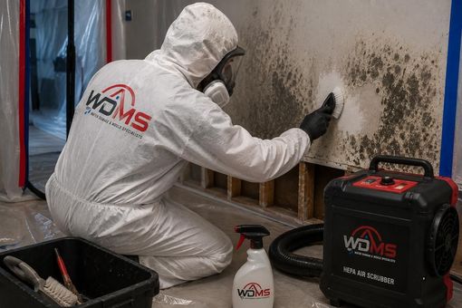 Worker in white protective suit spraying mold remediation chemicals on a damaged wall indoors