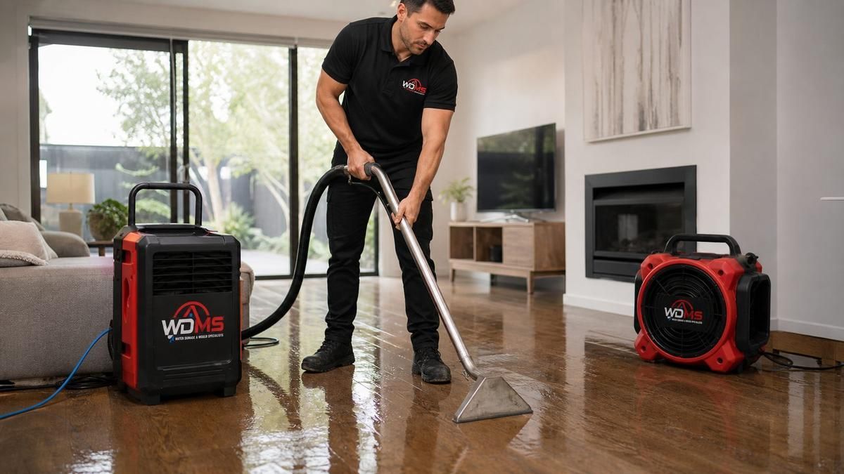Man using a wet vac to clean water from a hardwood floor in a modern living room