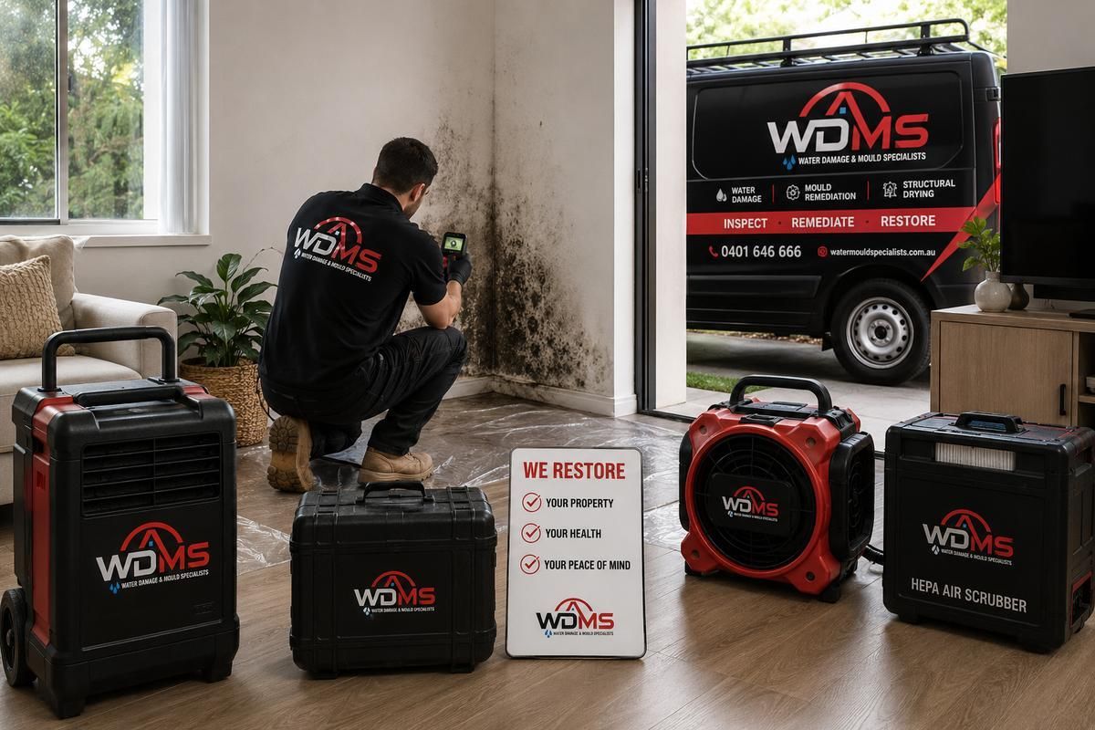 WMS emergency response technician in a room with cleanup equipment and a service van outside