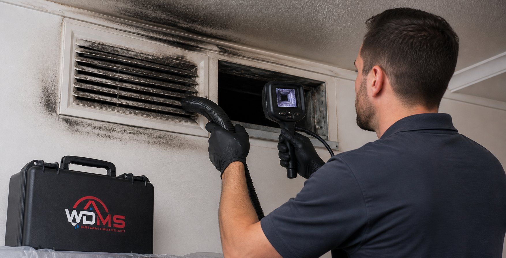 Technician cleaning a ceiling air vent while using a borescope camera in a service bagged room