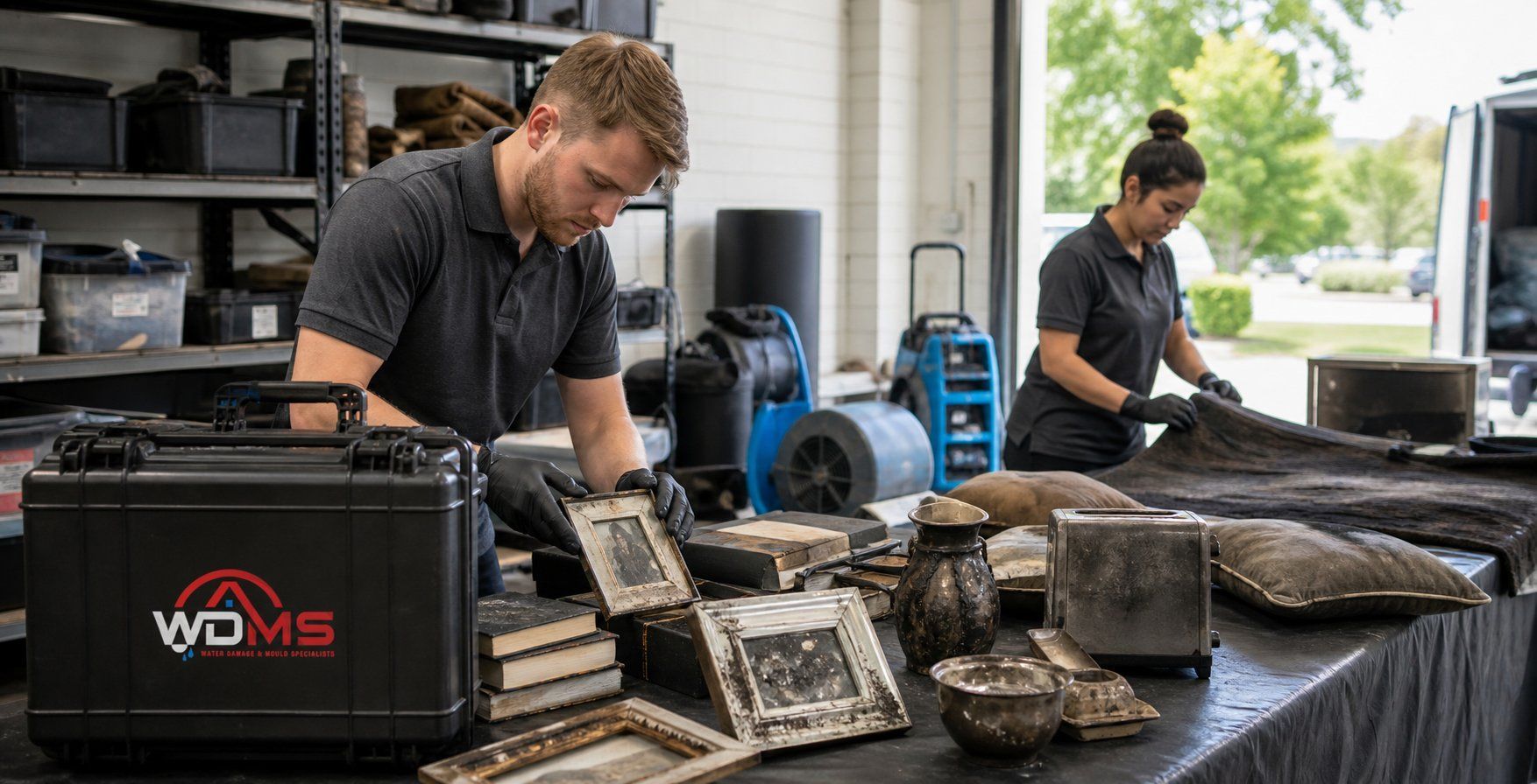 Two workers arranging muddy equipment on a table in a garage or workshop