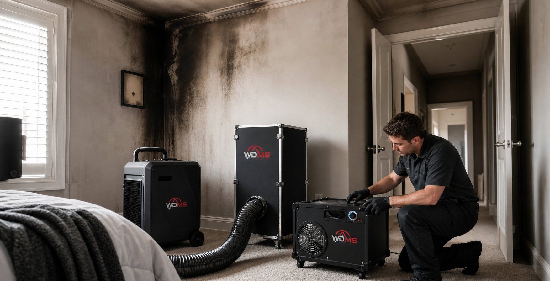 Technician inspecting a portable dehumidifier in a damp, unfinished room with a duct hose.