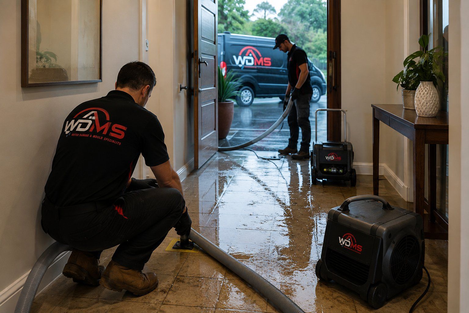 Two workers drying a flooded hallway with industrial water vacuums and fans
