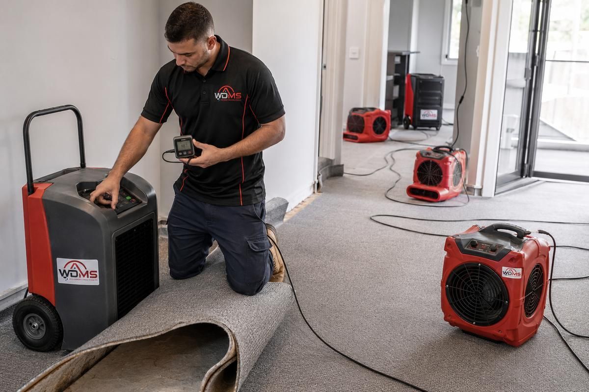 Technician kneels beside red and black floor-cleaning machines in a carpeted room.