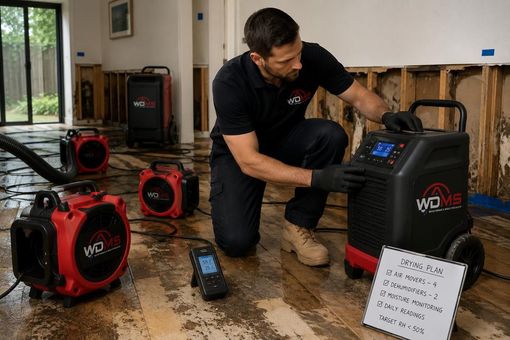 Man kneeling beside red and black WD 1150 utility vacuums in a wet workshop, adjusting one unit