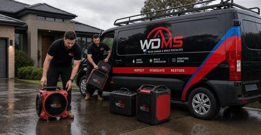 Two workers loading red equipment and cases beside a black-and-red WMS service van in the rain