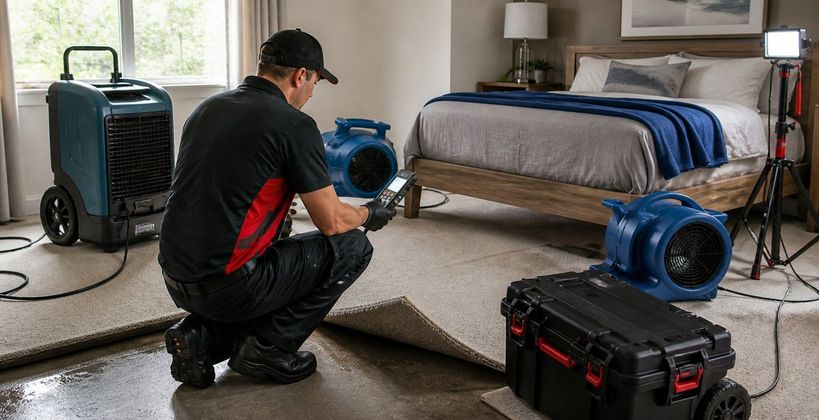 Technician kneeling beside blue fans and equipment in a carpeted bedroom during water damage drying setup