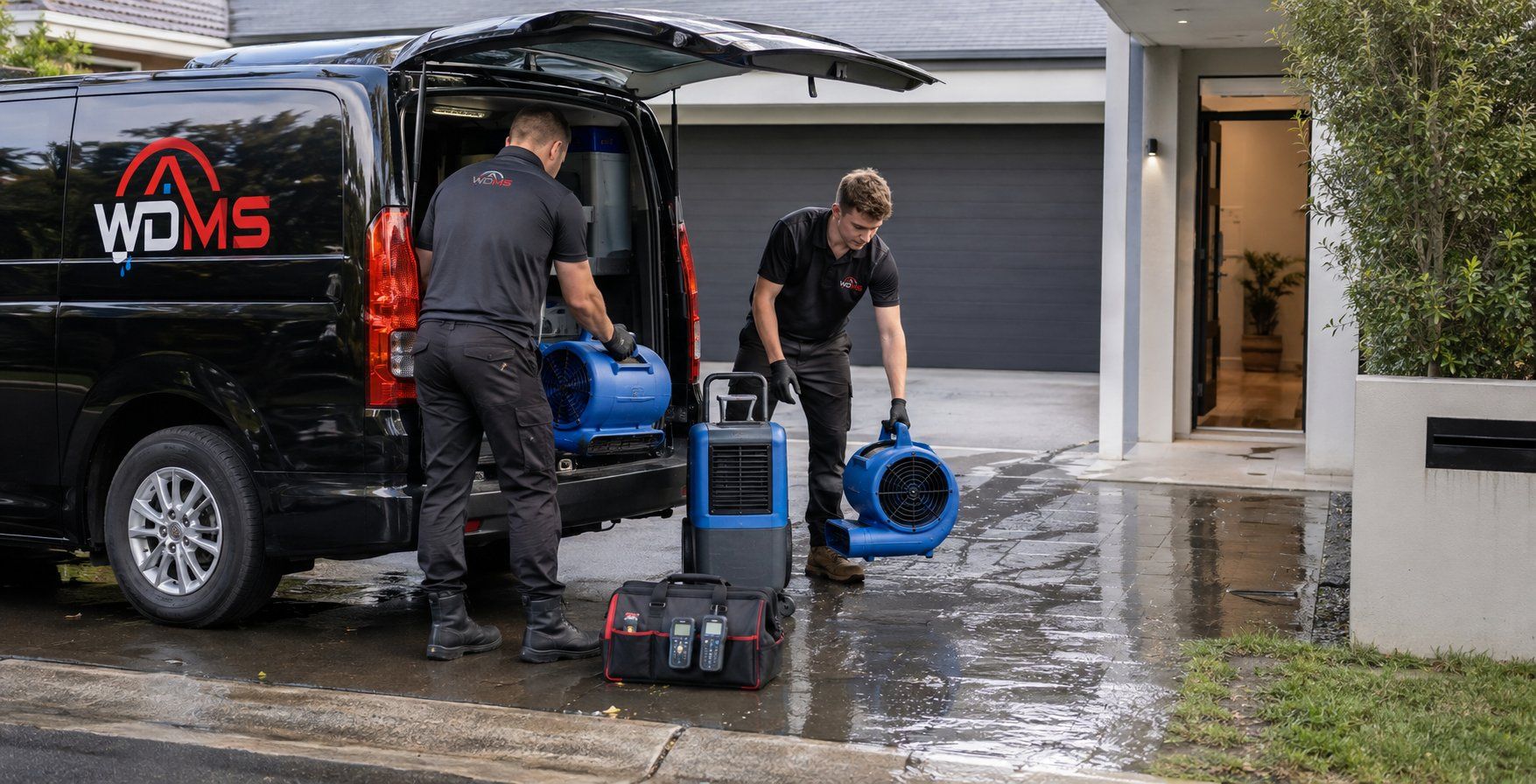 Workers load blue equipment into a black WMS van outside a flooded house