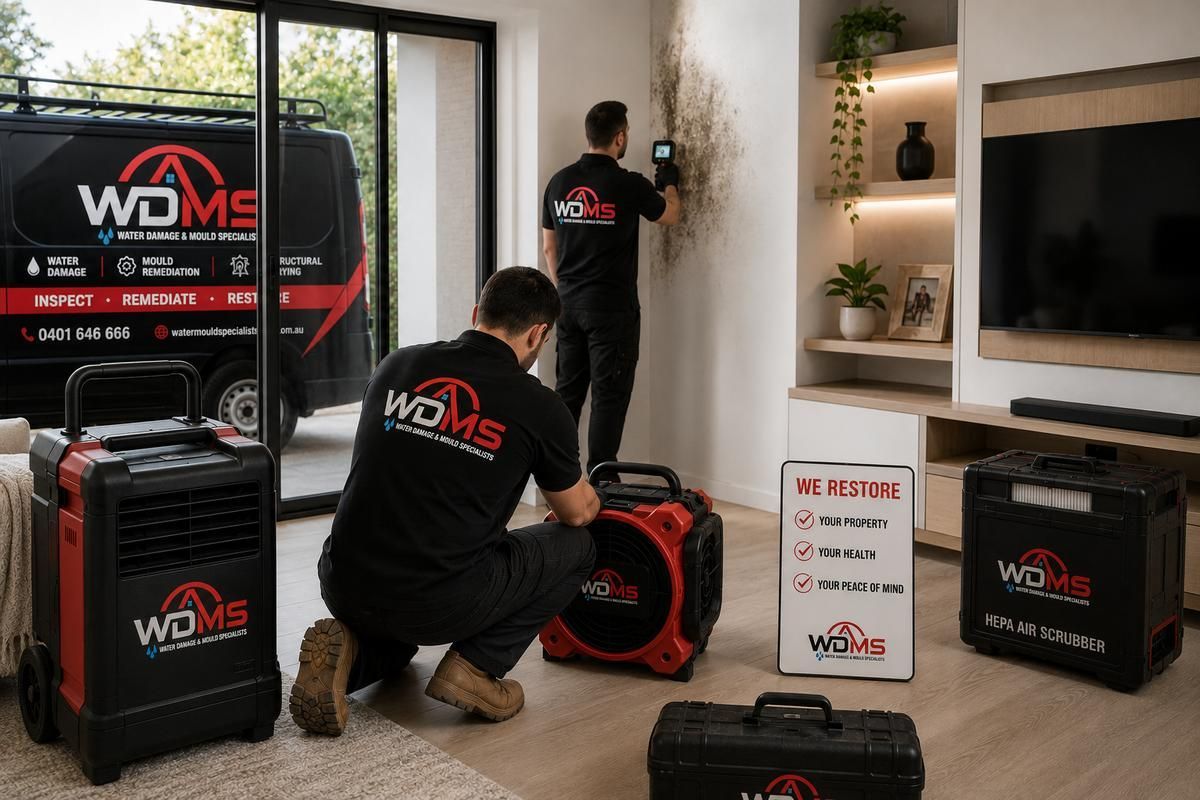 Two technicians in a modern living room setting up WDM-branded heating equipment and a red floor fan.