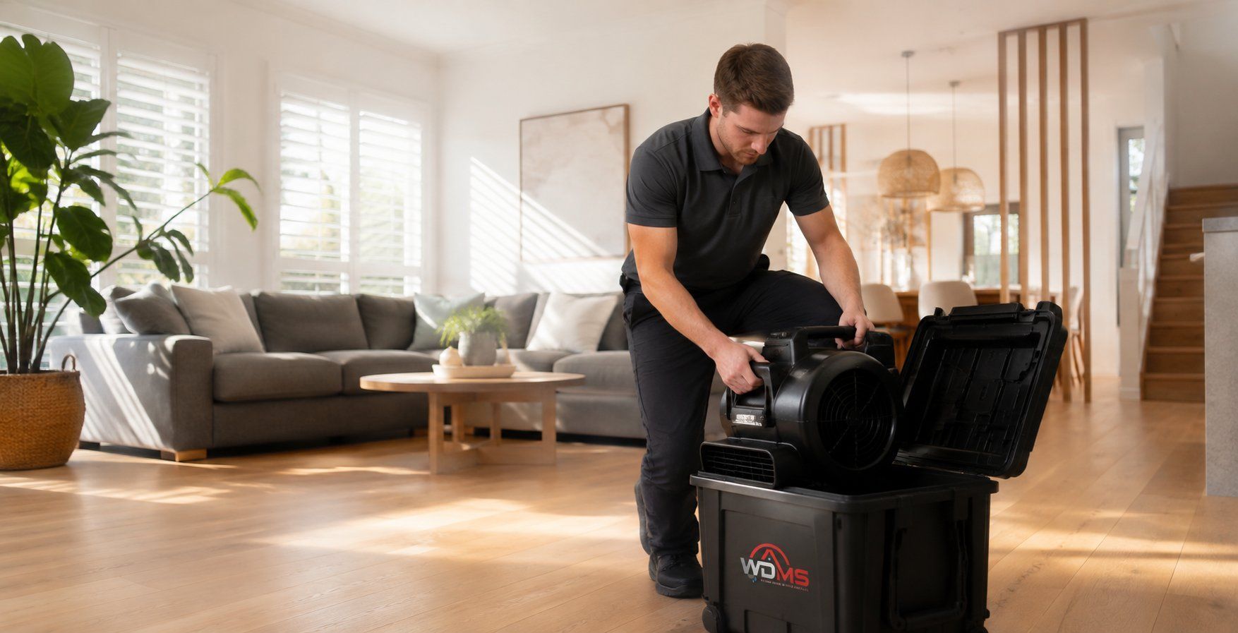 Man unpacking a large black camera from a hard case in a bright living room