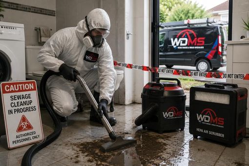 Worker in white hazmat suit cleaning floodwater indoors with vacuum equipment and caution sign nearby
