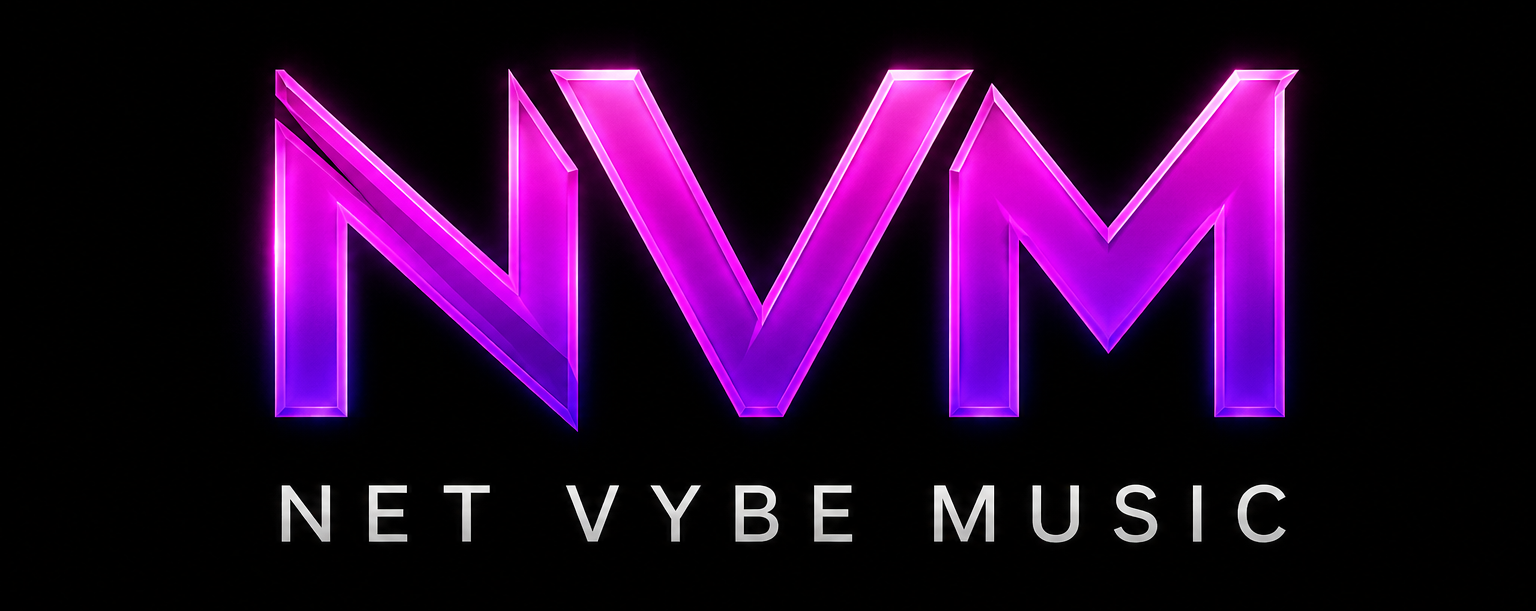 Net Vybe Music TV logo featuring bold, modern typography and vibrant colors representing creativity, connection, and music culture.