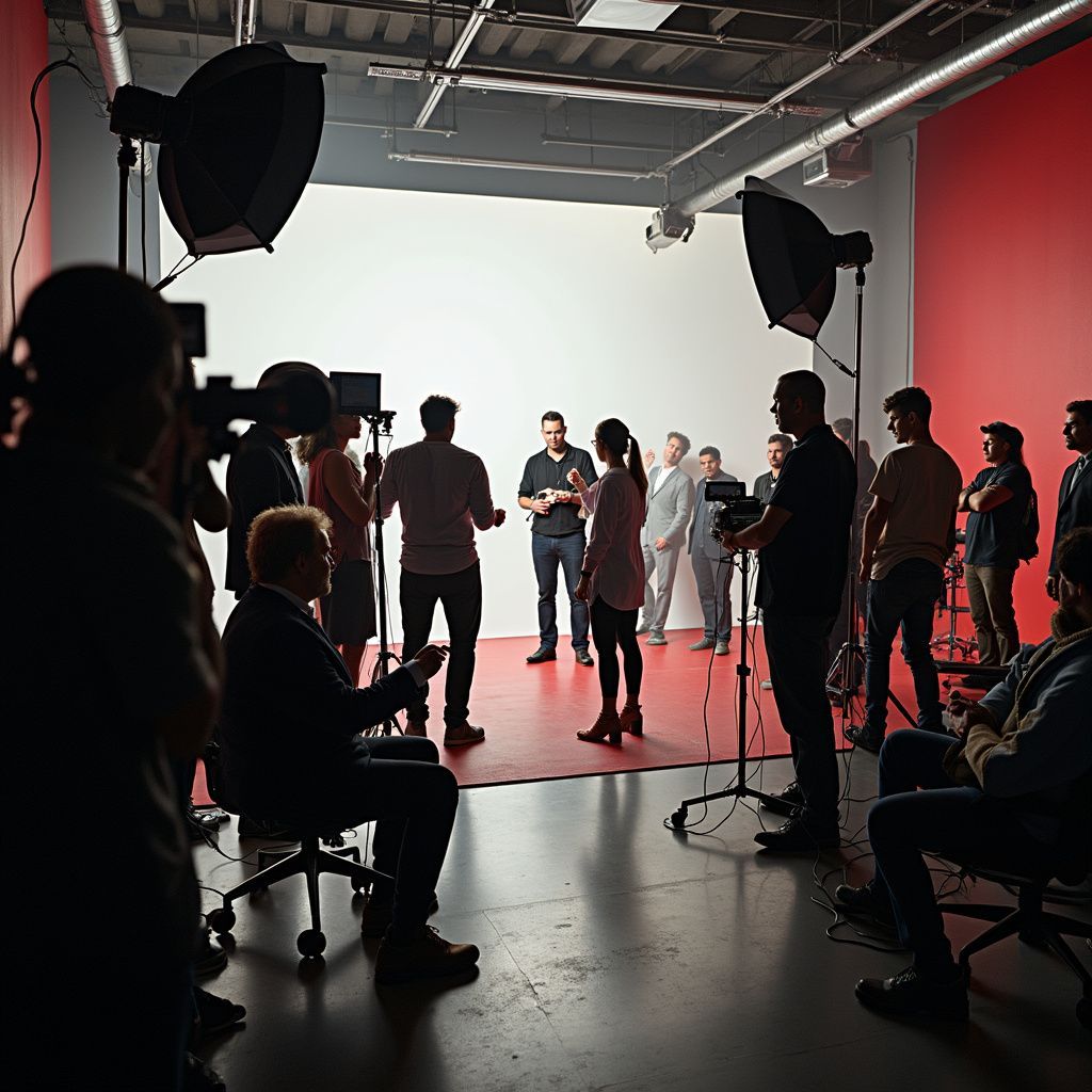 Film set: crew surrounds actors in front of a white screen, lit by studio lights.