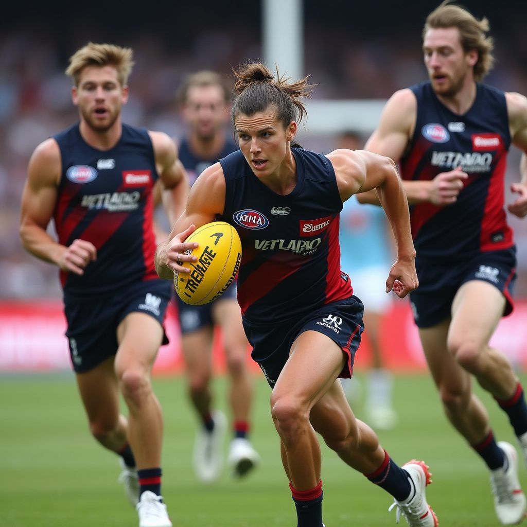 Aussie rules football player in black and red runs with the ball as two opponents chase behind him