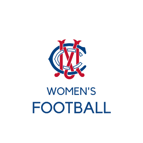 Women’s football logo in blue and red on a white background