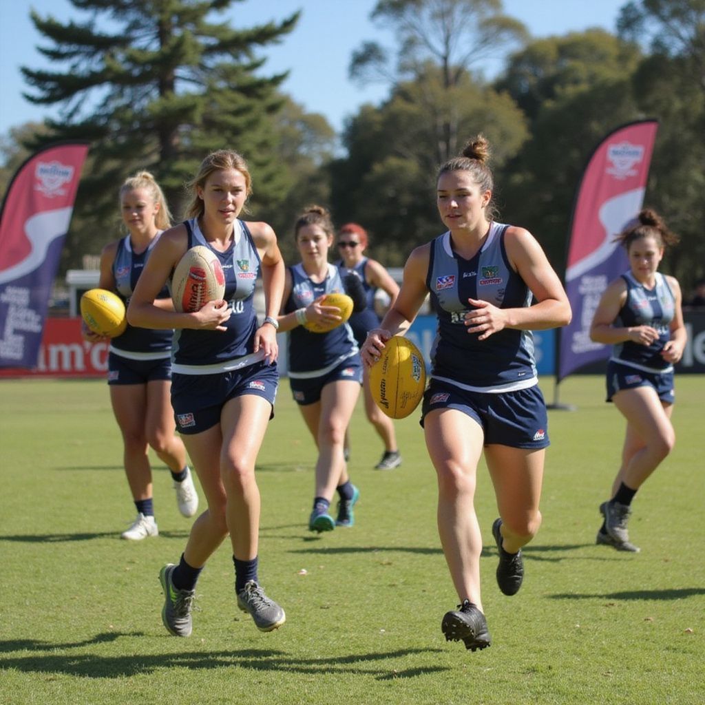 Players in blue uniforms sprint with yellow balls on a grassy field during a sports game